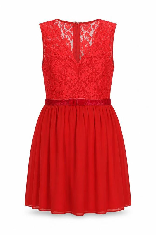 Front view of ASOS women’s red nylon fit & flare, size UK 10, round neck zip - lace bodice bow