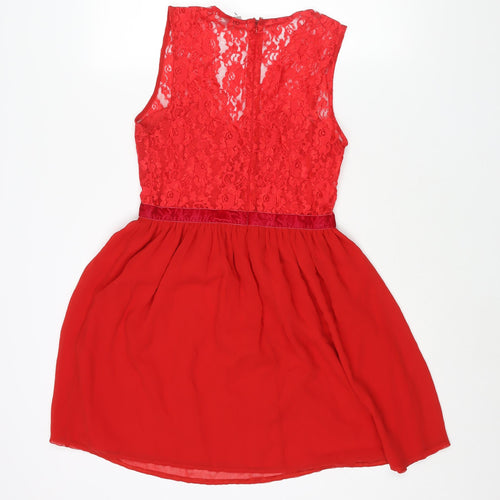 ASOS Womens Red Nylon Fit & Flare Size 10 Round Neck Zip - Lace Bodice Bow