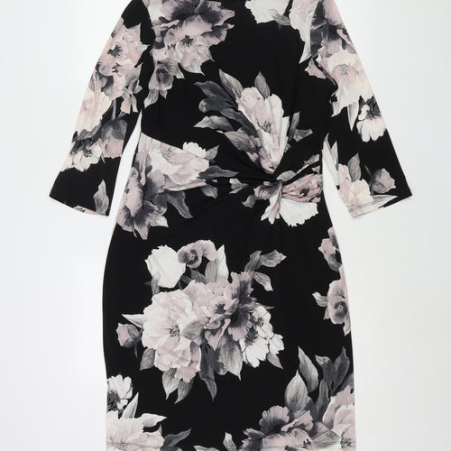 Roman Womens Black Floral Polyester Shift Size 14 Boat Neck Pullover - Twist Detail