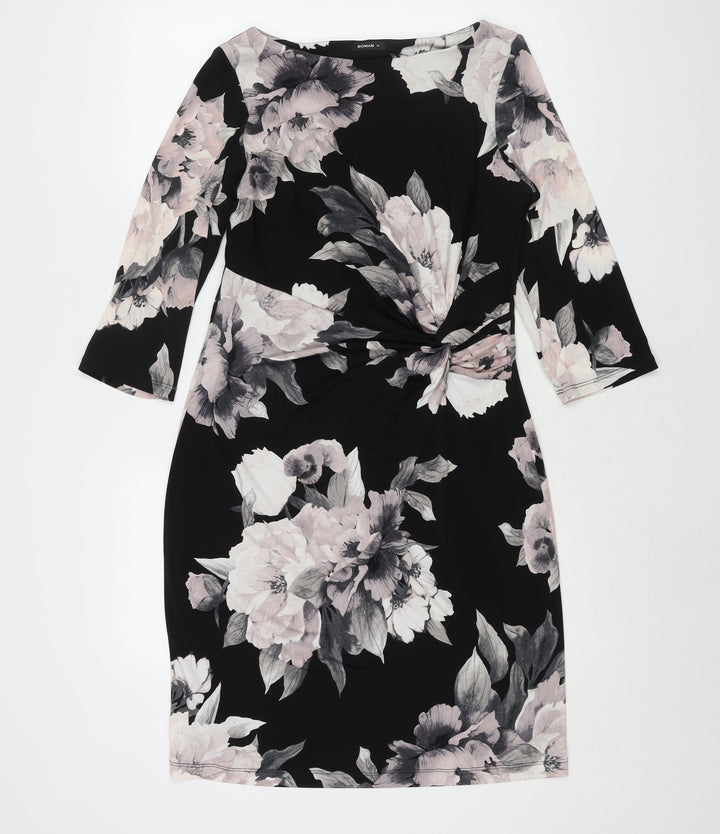 Roman Womens Black Floral Polyester Shift Size 14 Boat Neck Pullover - Twist Detail