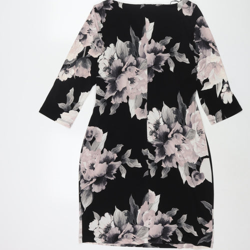 Roman Womens Black Floral Polyester Shift Size 14 Boat Neck Pullover - Twist Detail