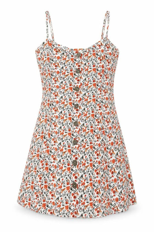 Front view of ASOS women’s multicoloured floral cotton mini, size UK 14, scoop neck button