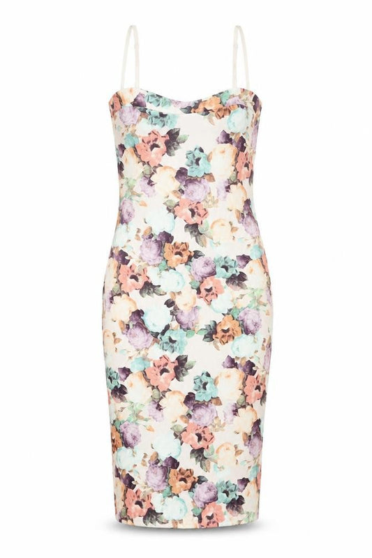 Front view of PRETTYLITTLETHING women’s multicoloured floral polyester bodycon, size UK 12, square neck pullover - vented