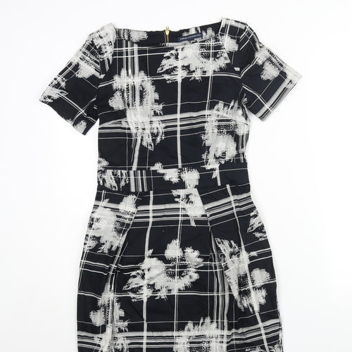 French Connection Womens Black Geometric Cotton Mini Size 10 Round Neck Zip - Pleat Detail