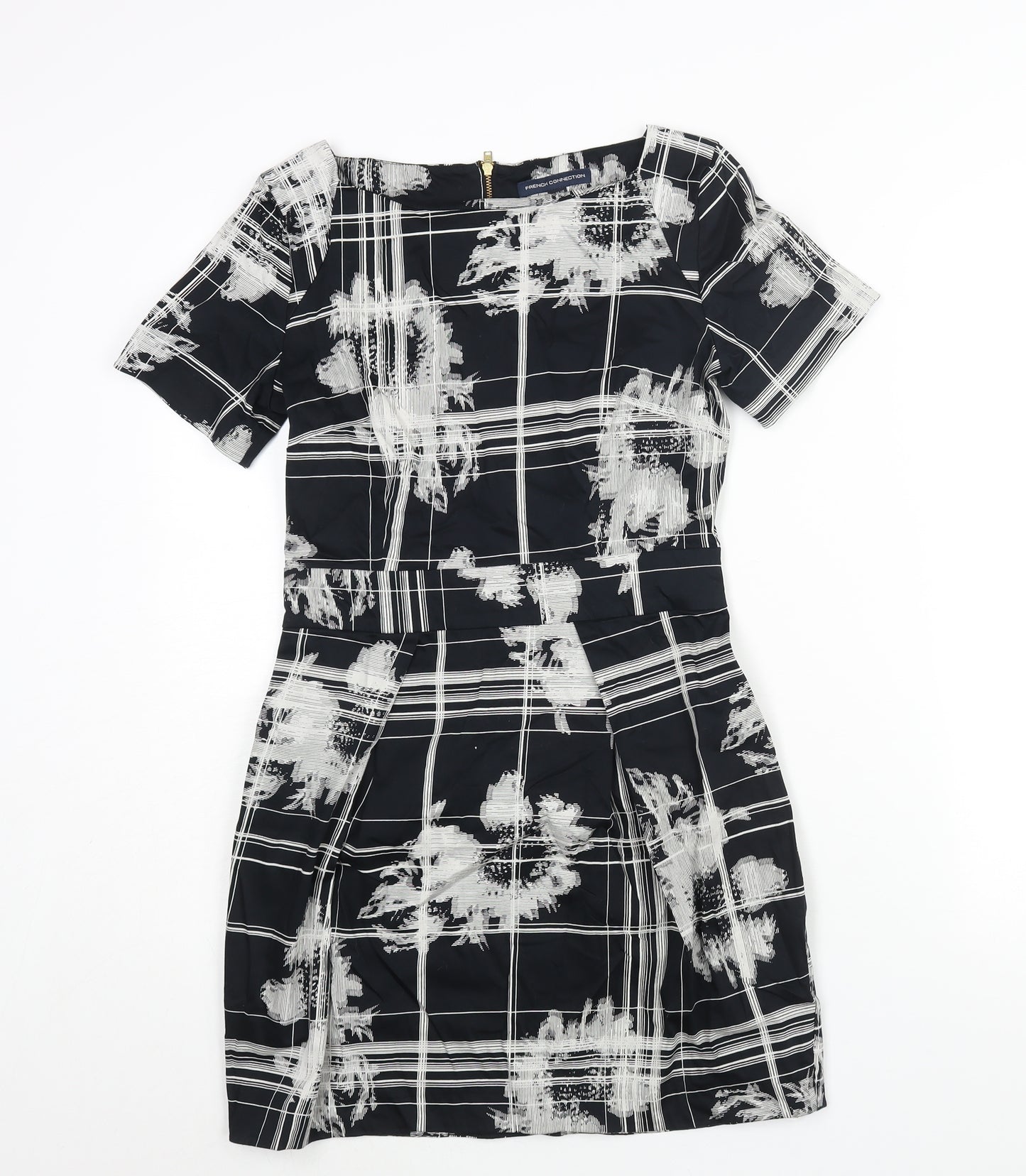 French Connection Womens Black Geometric Cotton Mini Size 10 Round Neck Zip - Pleat Detail