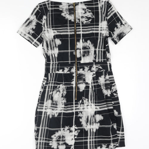 French Connection Womens Black Geometric Cotton Mini Size 10 Round Neck Zip - Pleat Detail