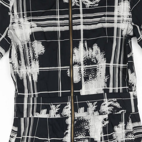 French Connection Womens Black Geometric Cotton Mini Size 10 Round Neck Zip - Pleat Detail