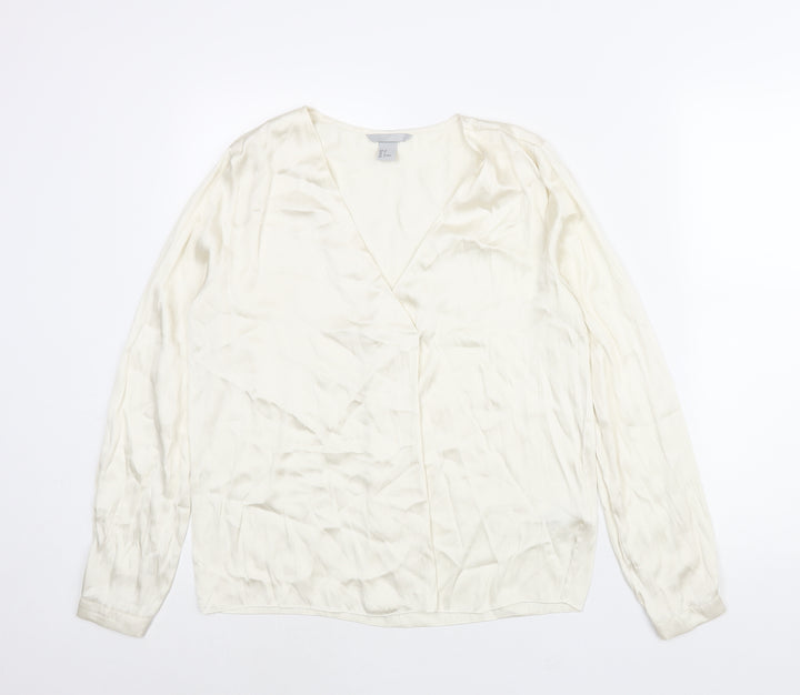 H&M Womens Ivory Polyester Basic Blouse Size 8 V-Neck - Pleat