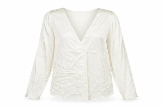 Front view of H&M women’s ivory polyester basic blouse, size UK 8, v-neck - pleat