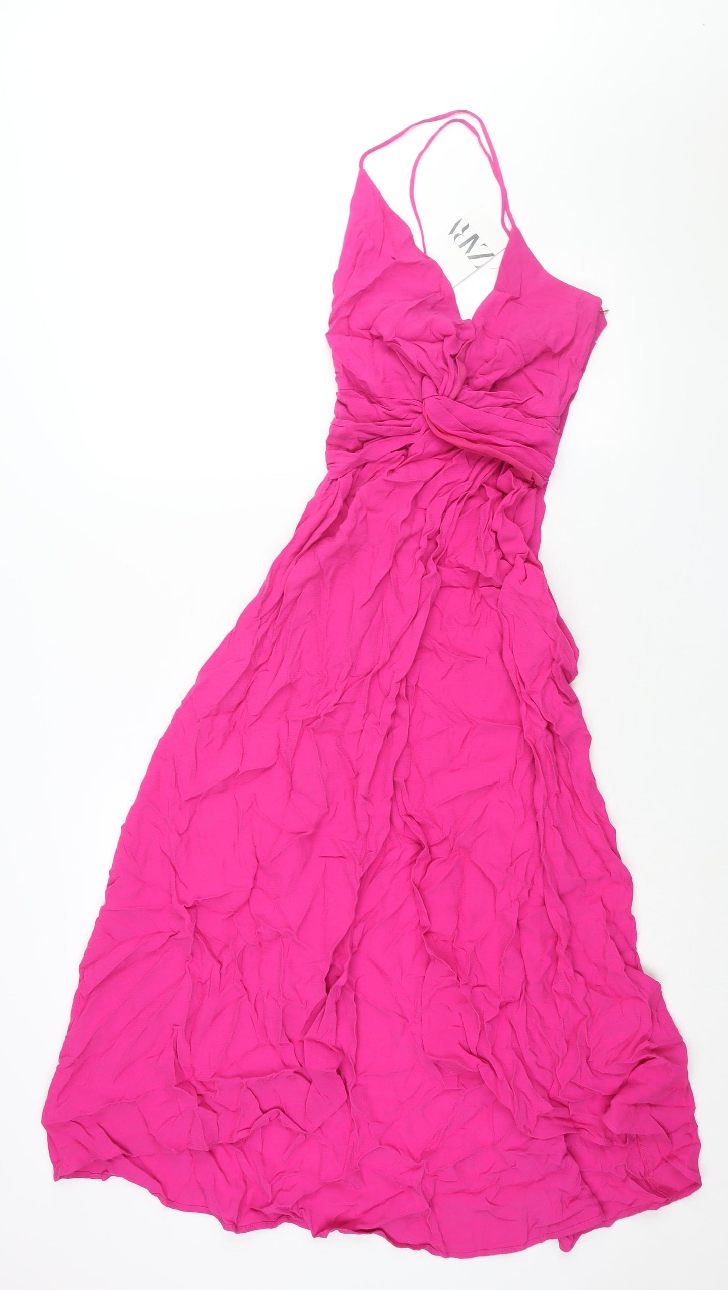 Zara Womens Pink Viscose Slip Dress Size XS V-Neck Zip - Open Front Twist