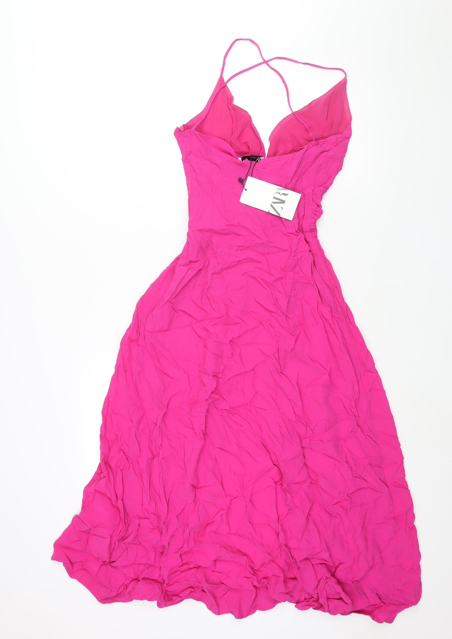 Zara Womens Pink Viscose Slip Dress Size XS V-Neck Zip - Open Front Twist