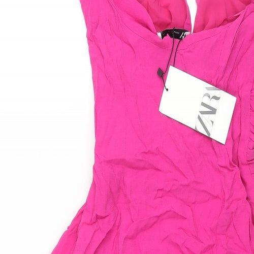 Zara Womens Pink Viscose Slip Dress Size XS V-Neck Zip - Open Front Twist