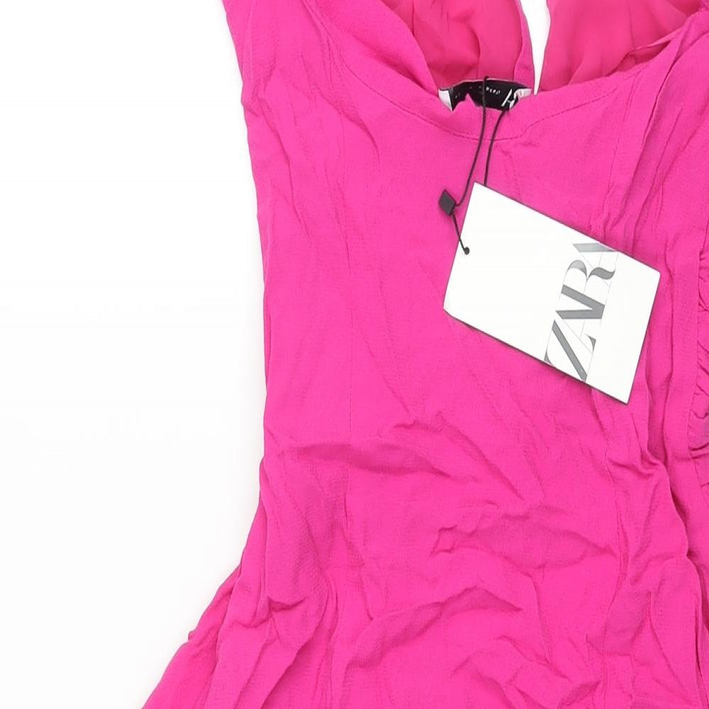 Zara Womens Pink Viscose Slip Dress Size XS V-Neck Zip - Open Front Twist