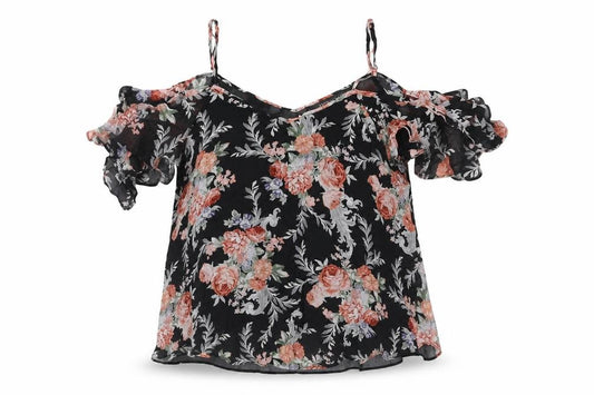 Front view of Forever New women’s black floral viscose basic blouse, size UK 10, v-neck - cold shoulder frill
