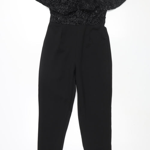 Quis Womens Black Polyester Jumpsuit One-Piece Size 10 L29 in Pullover - Velvet Geometric Print Bodice Frill