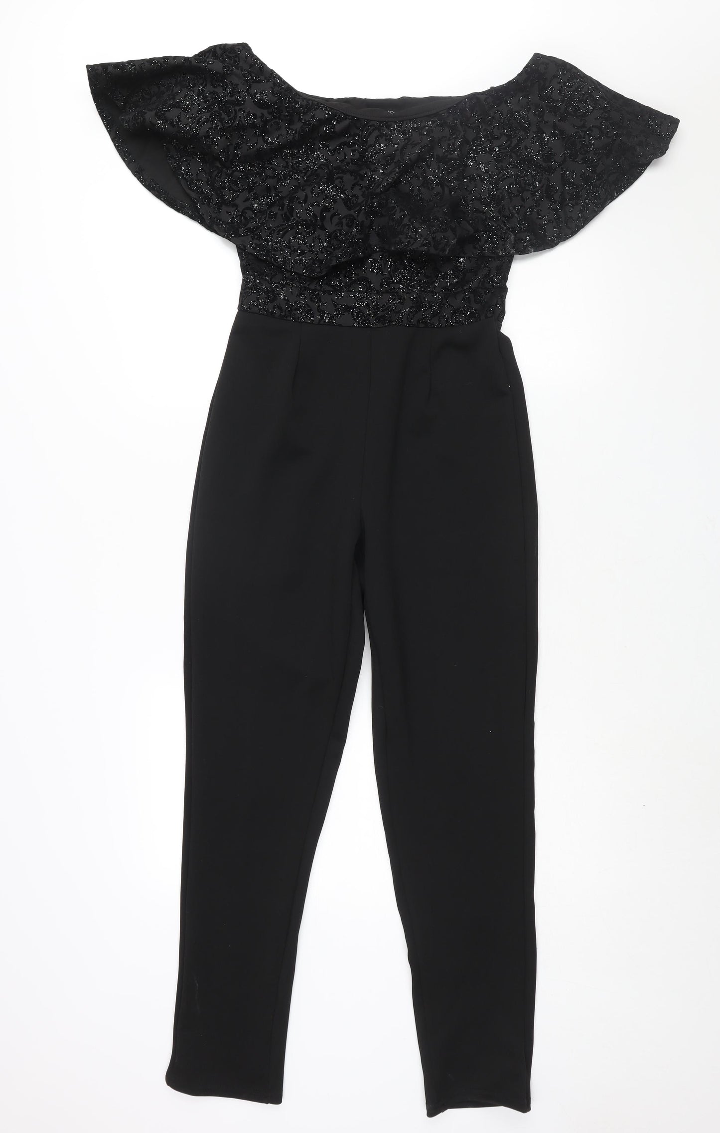 Quis Womens Black Polyester Jumpsuit One-Piece Size 10 L29 in Pullover - Velvet Geometric Print Bodice Frill