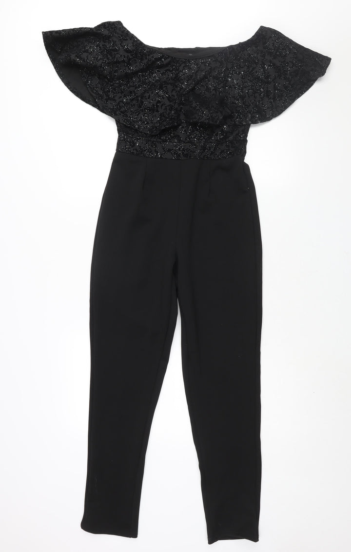 Quis Womens Black Polyester Jumpsuit One-Piece Size 10 L29 in Pullover - Velvet Geometric Print Bodice Frill