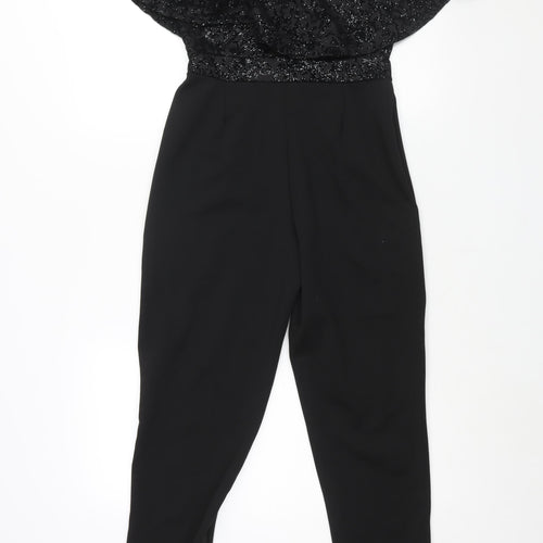 Quis Womens Black Polyester Jumpsuit One-Piece Size 10 L29 in Pullover - Velvet Geometric Print Bodice Frill