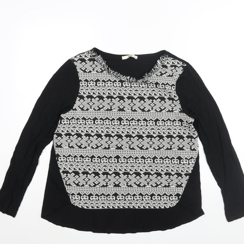 Oasis Womens Black Viscose Basic Blouse Size L Round Neck - Fringe Neckline Detail