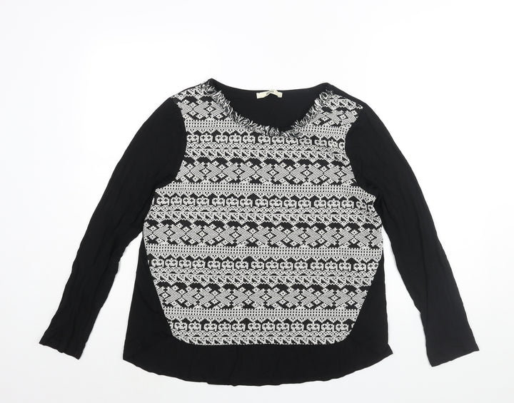 Oasis Womens Black Viscose Basic Blouse Size L Round Neck - Fringe Neckline Detail