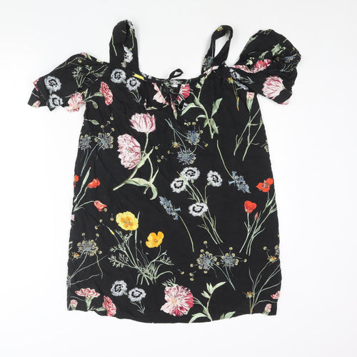 Paraphrase Womens Black Floral Polyester Mini Size 10 Square Neck Tie - Cold Shoulder