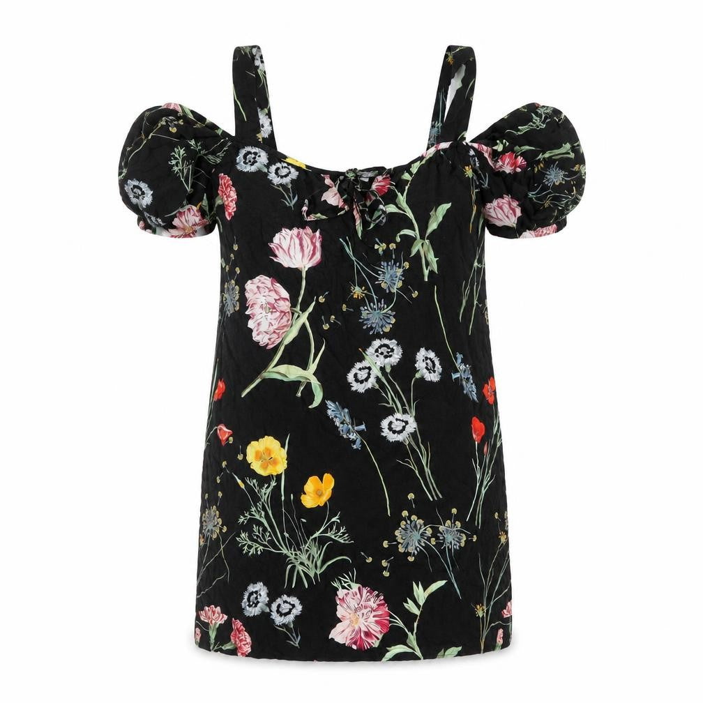 Front view of Paraphrase women’s black floral polyester mini, size UK 10, square neck tie - cold shoulder