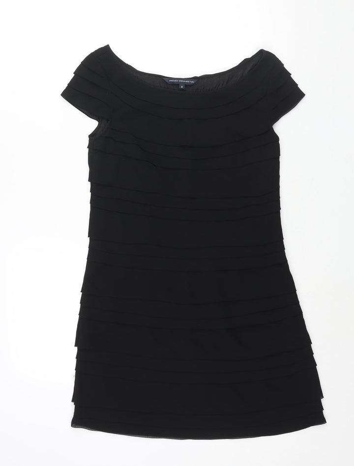 French Connection Womens Black Polyester Mini Size 8 Boat Neck Pullover - Layered Pleat