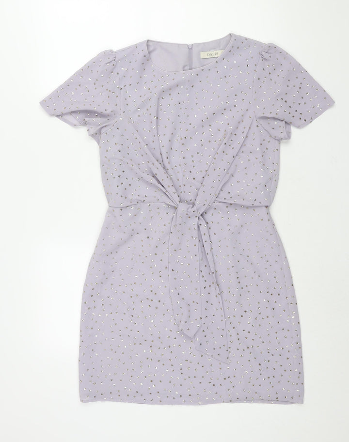 Oasis Womens Purple Polka Dot Polyester Sheath Size 10 Round Neck Zip - Glitter Tie Detail
