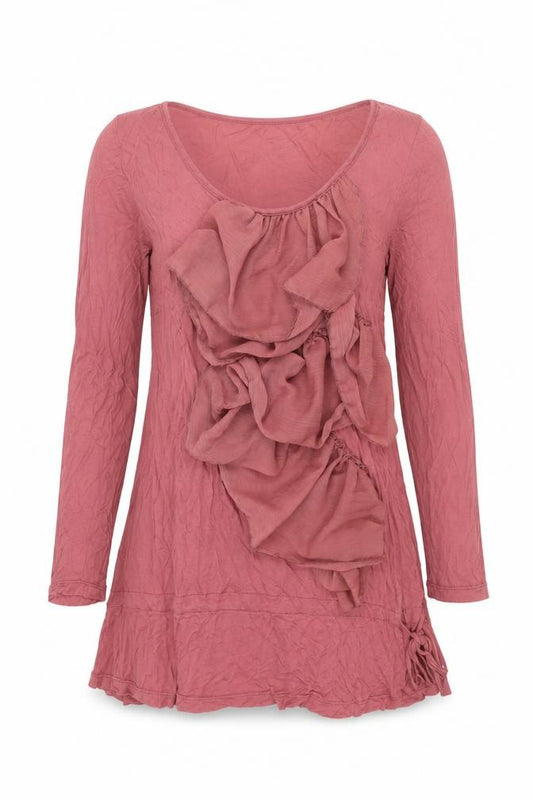 Front view of Next women’s pink viscose tunic blouse, size UK 12, scoop neck - drawstring waterfall frill