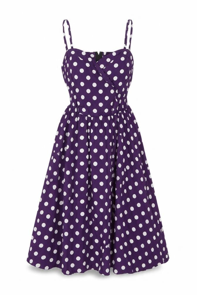 Front view of POP women’s purple polka dot polyester fit & flare, size UK 10, sweetheart zip