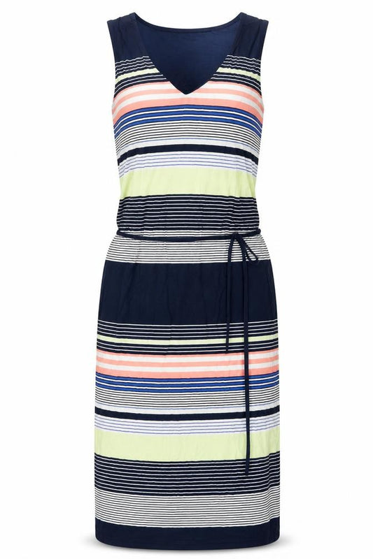 Front view of Oasis women’s multicoloured striped viscose shift, size XS, v-neck pullover - belted