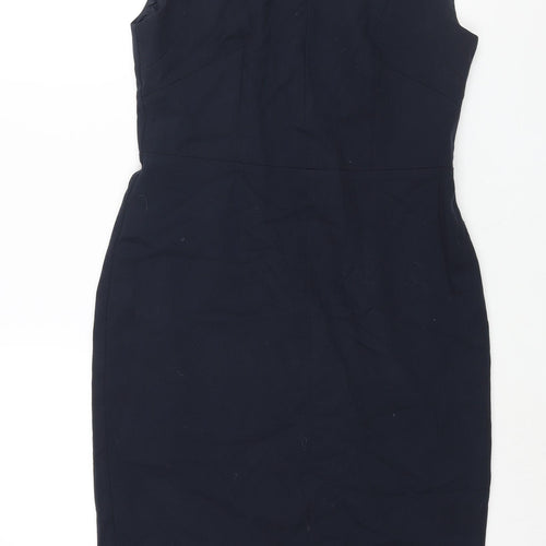 Marks and Spencer Womens Blue Polyester Pencil Dress Size 12 Round Neck Zip