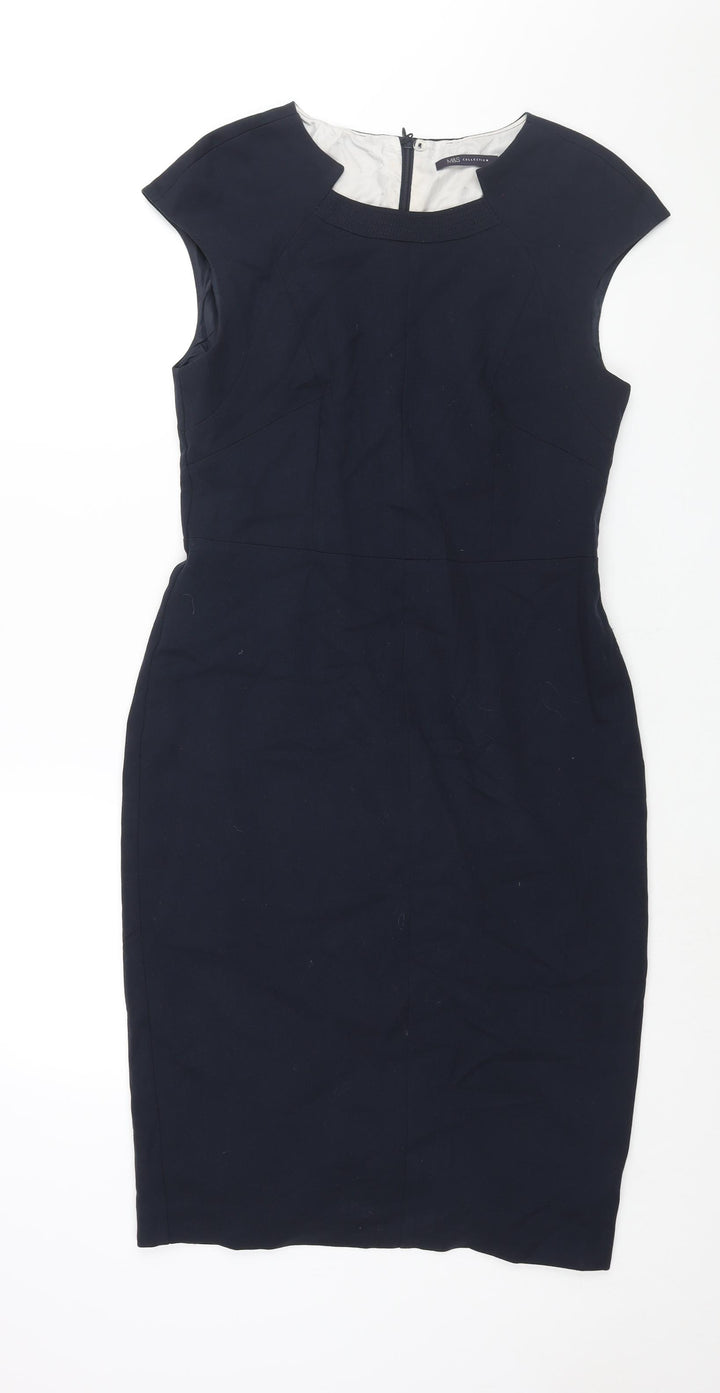 Marks and Spencer Womens Blue Polyester Pencil Dress Size 12 Round Neck Zip