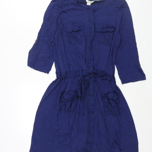 Monsoon Womens Blue Viscose A-Line Size 12 Round Neck Button - Drawstring Waist