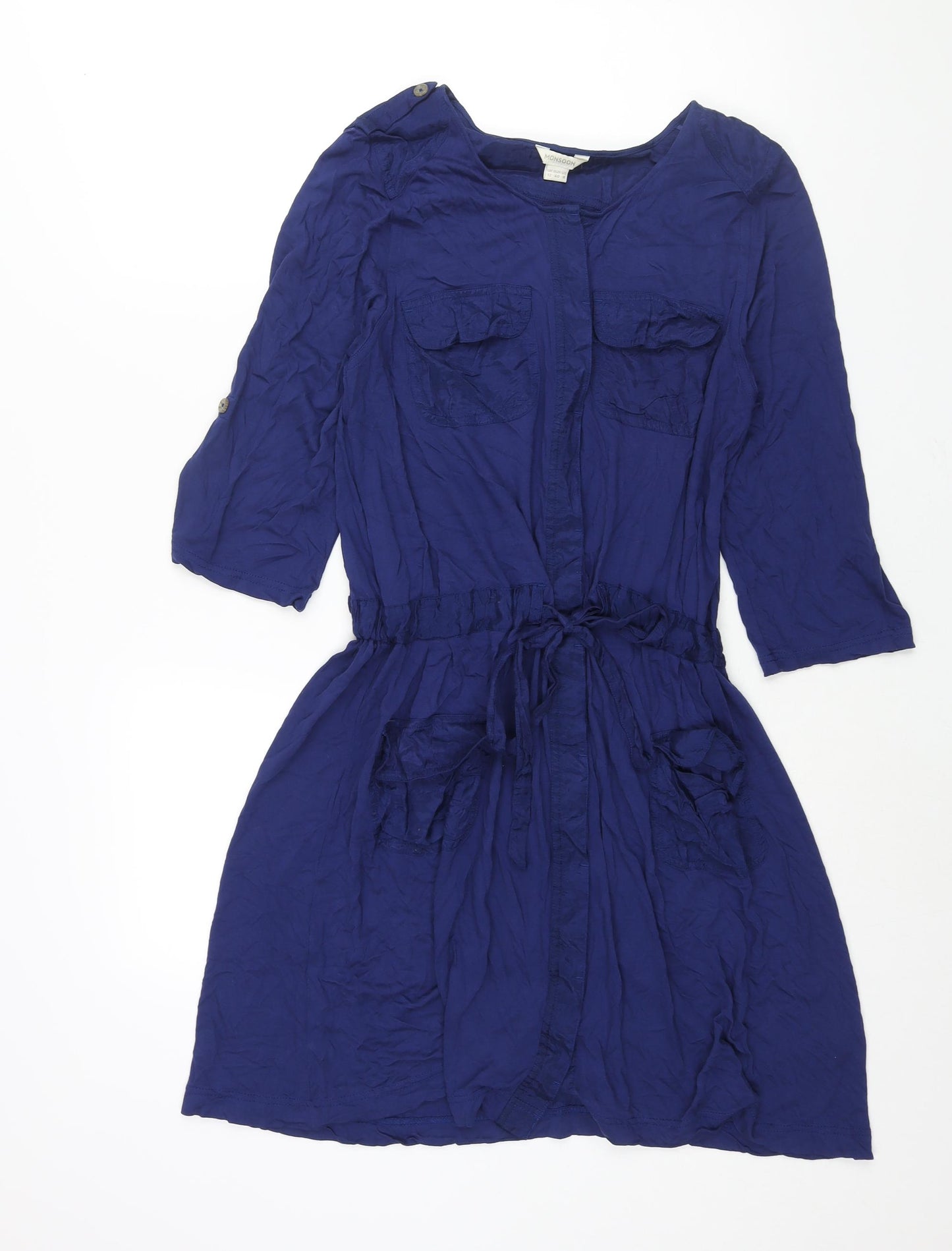 Monsoon Womens Blue Viscose A-Line Size 12 Round Neck Button - Drawstring Waist