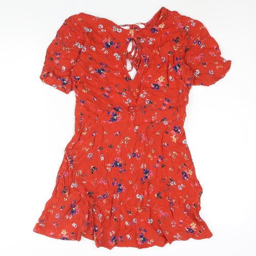 Urban Outfitters Womens Red Geometric Viscose Mini Size S Round Neck Tie - Floral Print Keyhole Neck