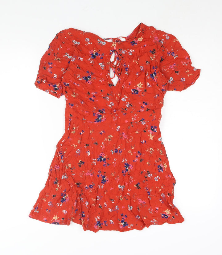 Urban Outfitters Womens Red Geometric Viscose Mini Size S Round Neck Tie - Floral Print Keyhole Neck
