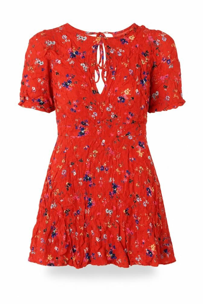 Urban Outfitters Womens Red Geometric Viscose Mini Size S Round Neck Tie - Floral Print Keyhole Neck