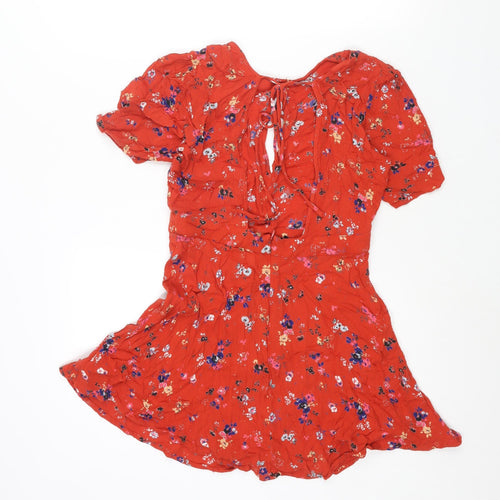 Urban Outfitters Womens Red Geometric Viscose Mini Size S Round Neck Tie - Floral Print Keyhole Neck