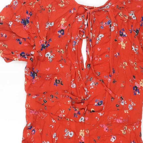 Urban Outfitters Womens Red Geometric Viscose Mini Size S Round Neck Tie - Floral Print Keyhole Neck