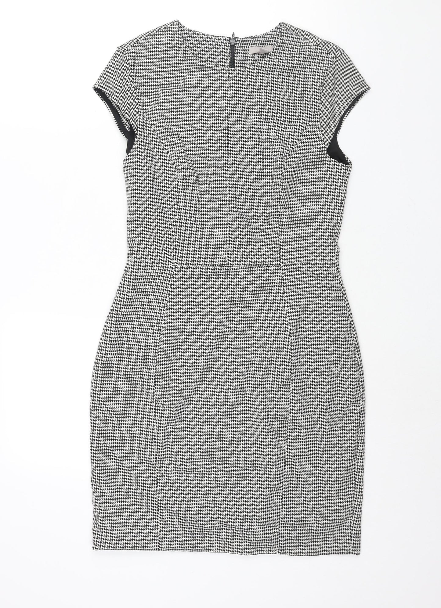 H&M Womens Black Houndstooth Polyester Shift Size 10 Round Neck Zip - Vented