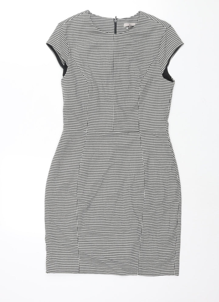 H&M Womens Black Houndstooth Polyester Shift Size 10 Round Neck Zip - Vented
