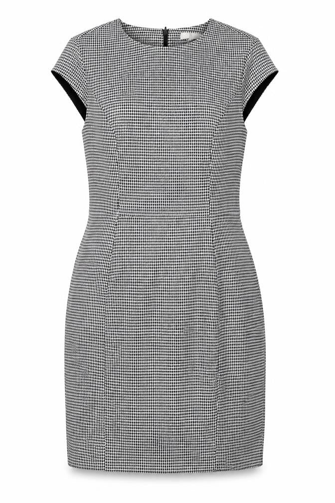 Front view of H&M women’s black houndstooth polyester shift, size UK 10, round neck zip - vented