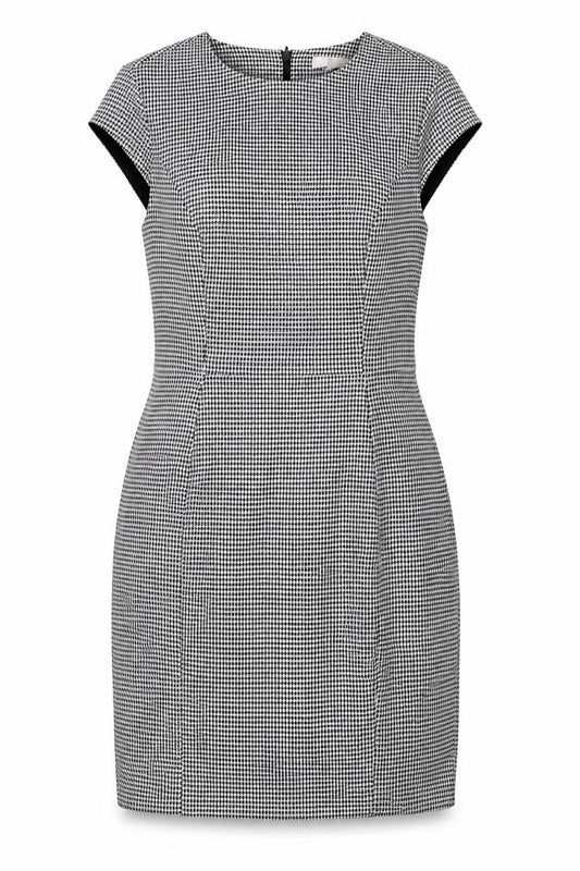 Front view of H&M women’s black houndstooth polyester shift, size UK 10, round neck zip - vented