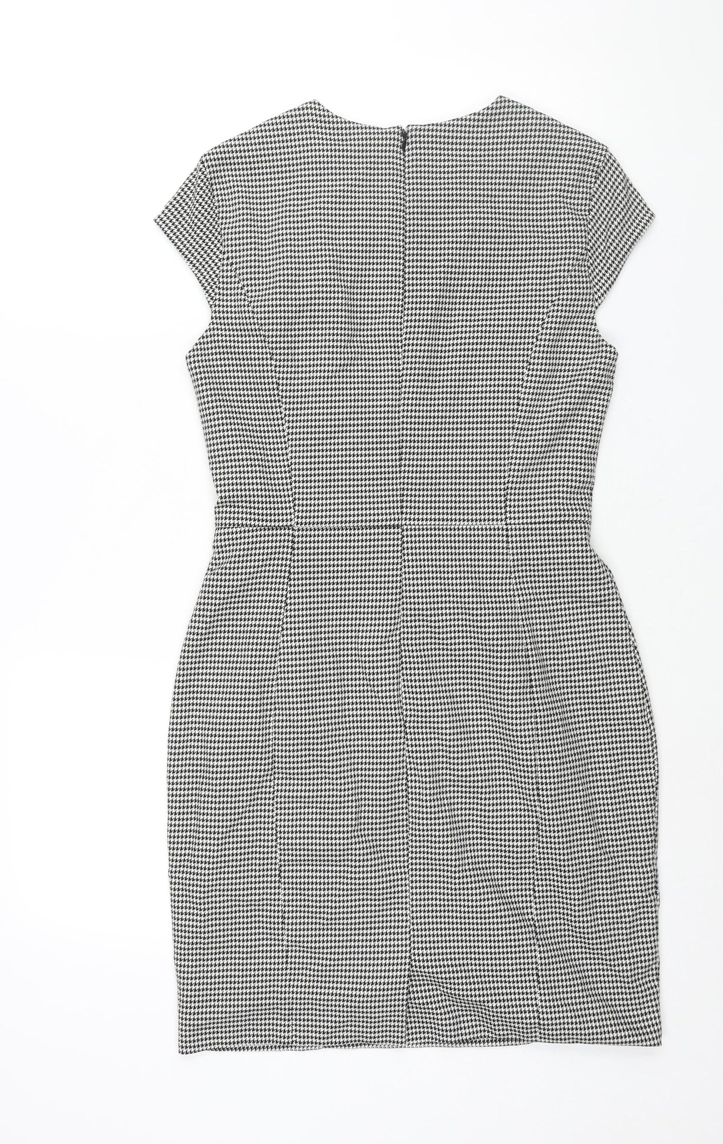 H&M Womens Black Houndstooth Polyester Shift Size 10 Round Neck Zip - Vented