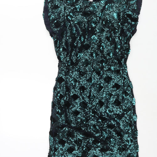 Zara Womens Green Polyester Mini Size XS Round Neck Zip - Sequin Bow