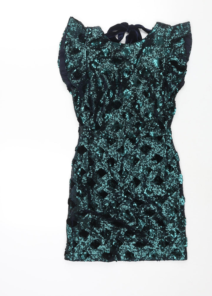 Zara Womens Green Polyester Mini Size XS Round Neck Zip - Sequin Bow