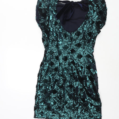 Zara Womens Green Polyester Mini Size XS Round Neck Zip - Sequin Bow