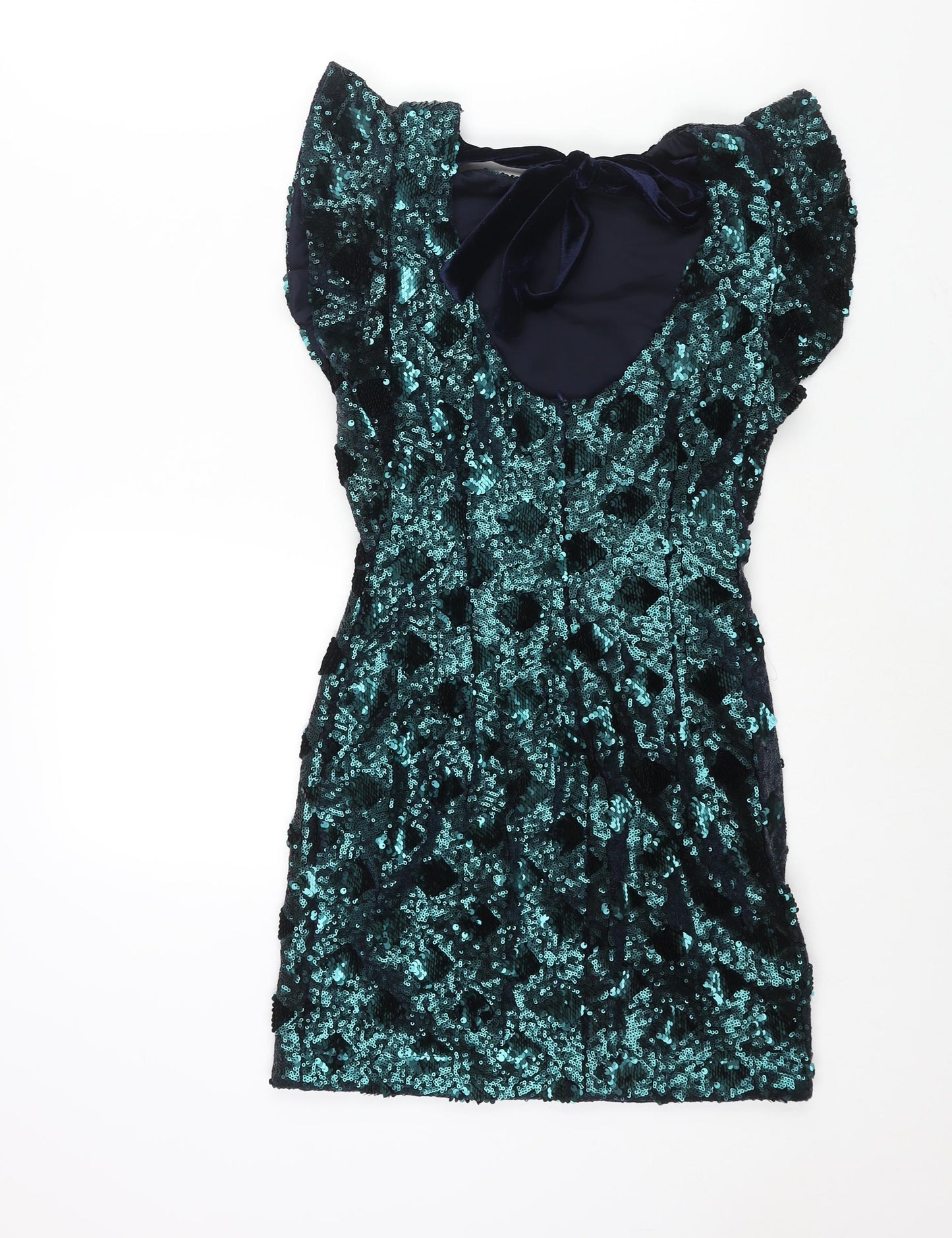 Zara Womens Green Polyester Mini Size XS Round Neck Zip - Sequin Bow