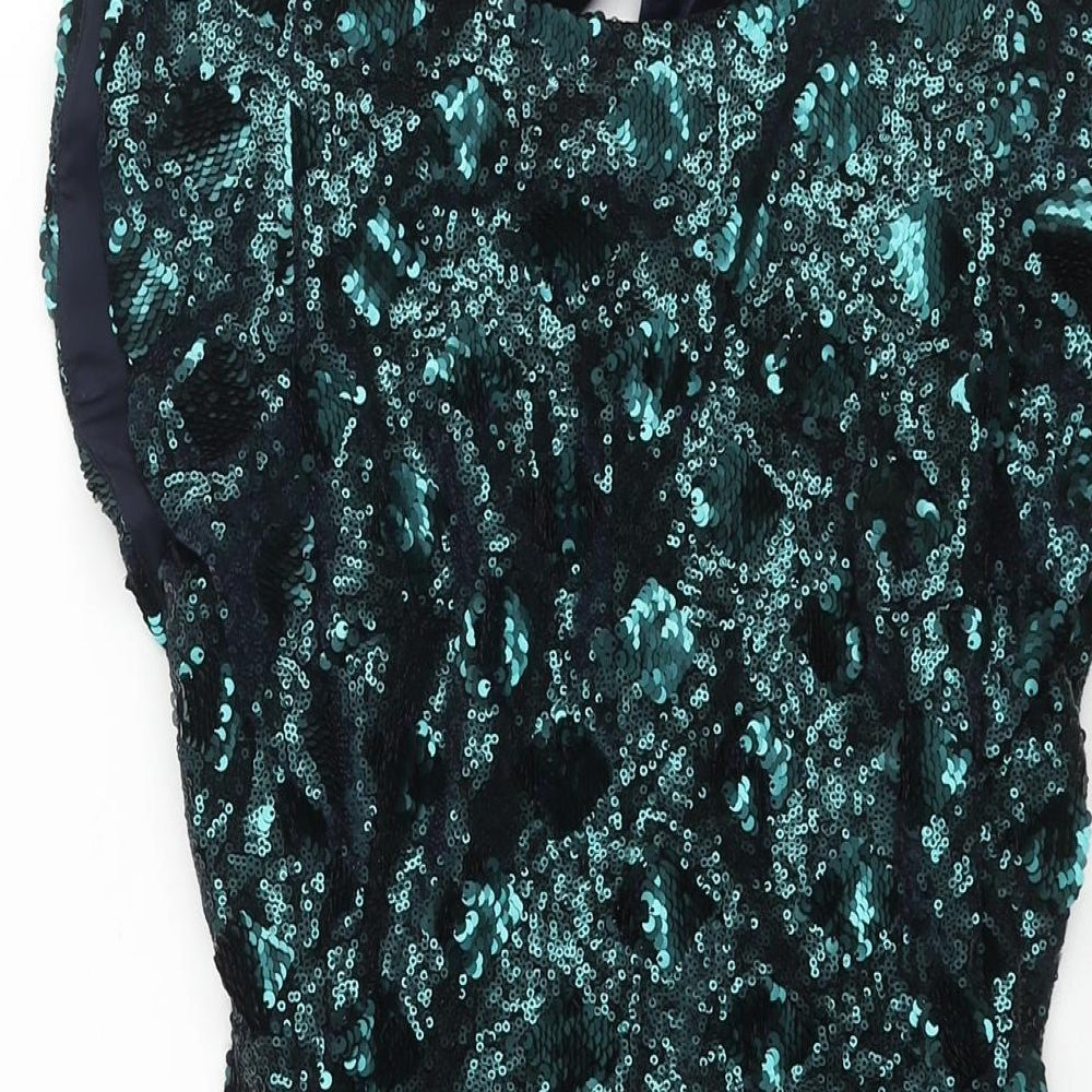 Zara Womens Green Polyester Mini Size XS Round Neck Zip - Sequin Bow